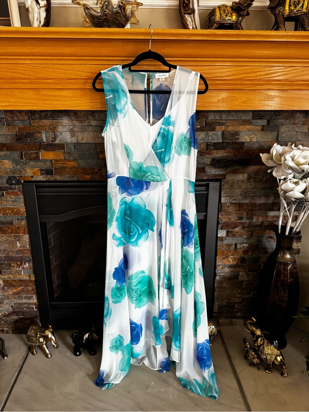 Calvin Klein White Maxi Dress with Teal & Blue Floral Print